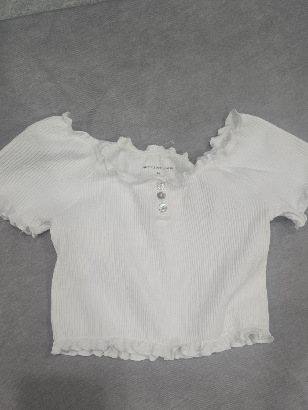 Anthropologie White Ribbed Ruffle Button Crop Top